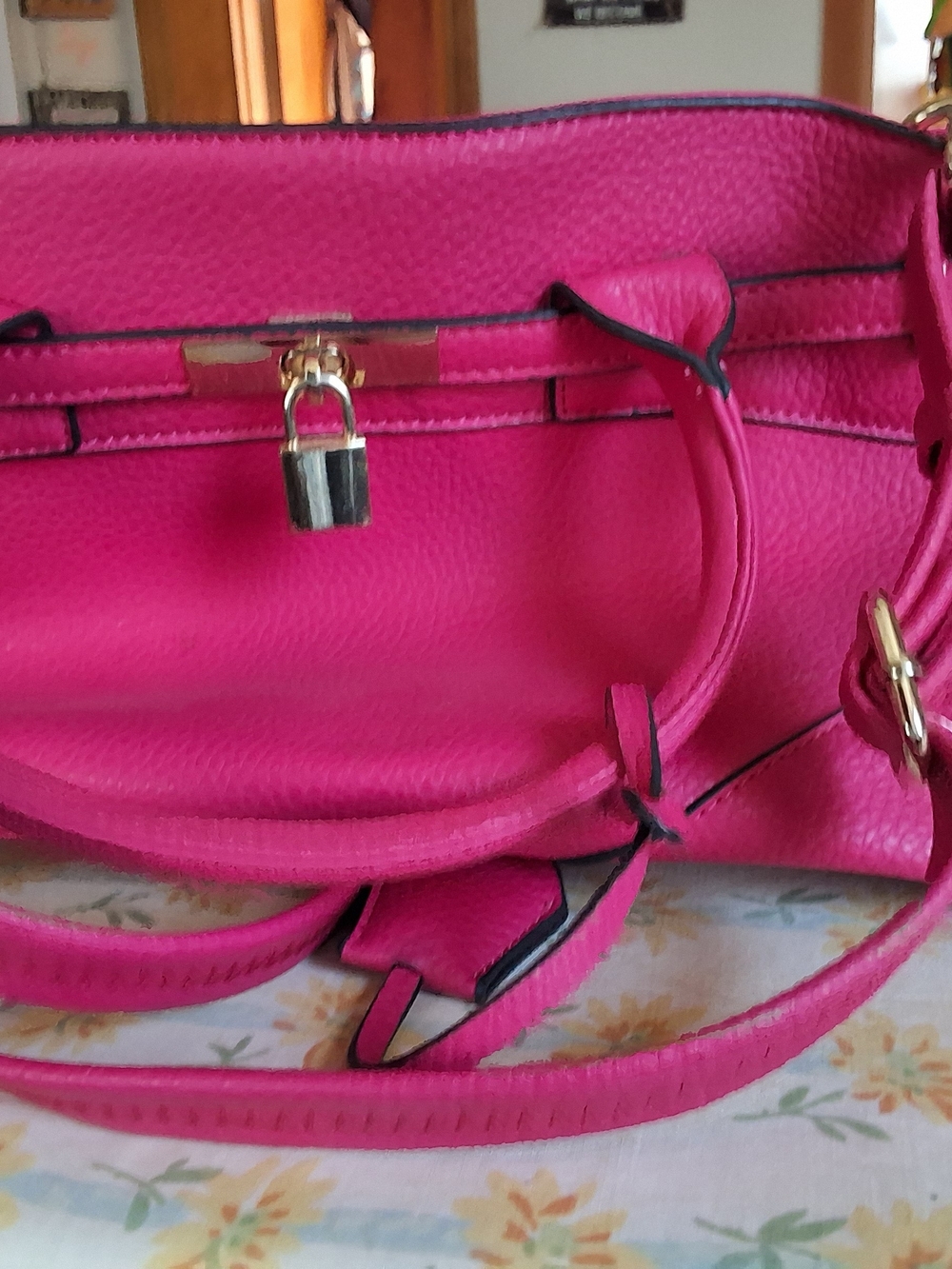 Hot Pink Pebble-Texture Women's Satchel with Gold Lock Detail